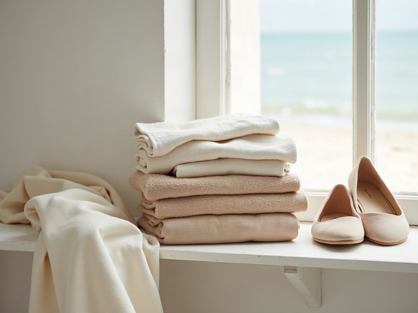 Folded sand and ivory knits with nude flats on a white windowsill