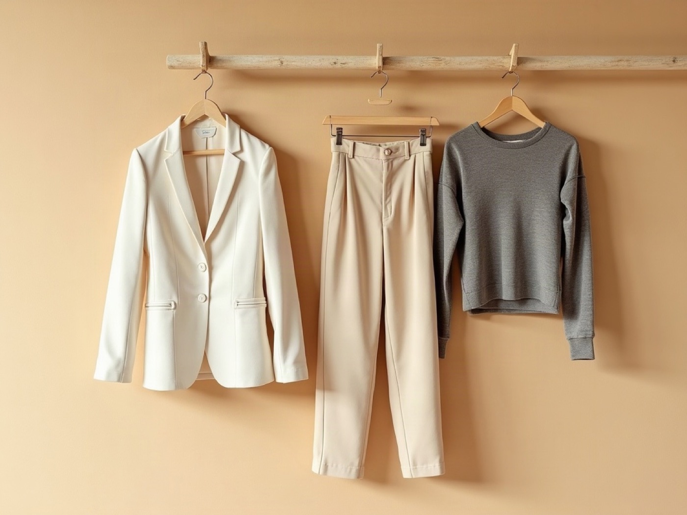Ivory jacket, sand trouser, and graphite knit laid out as a capsule