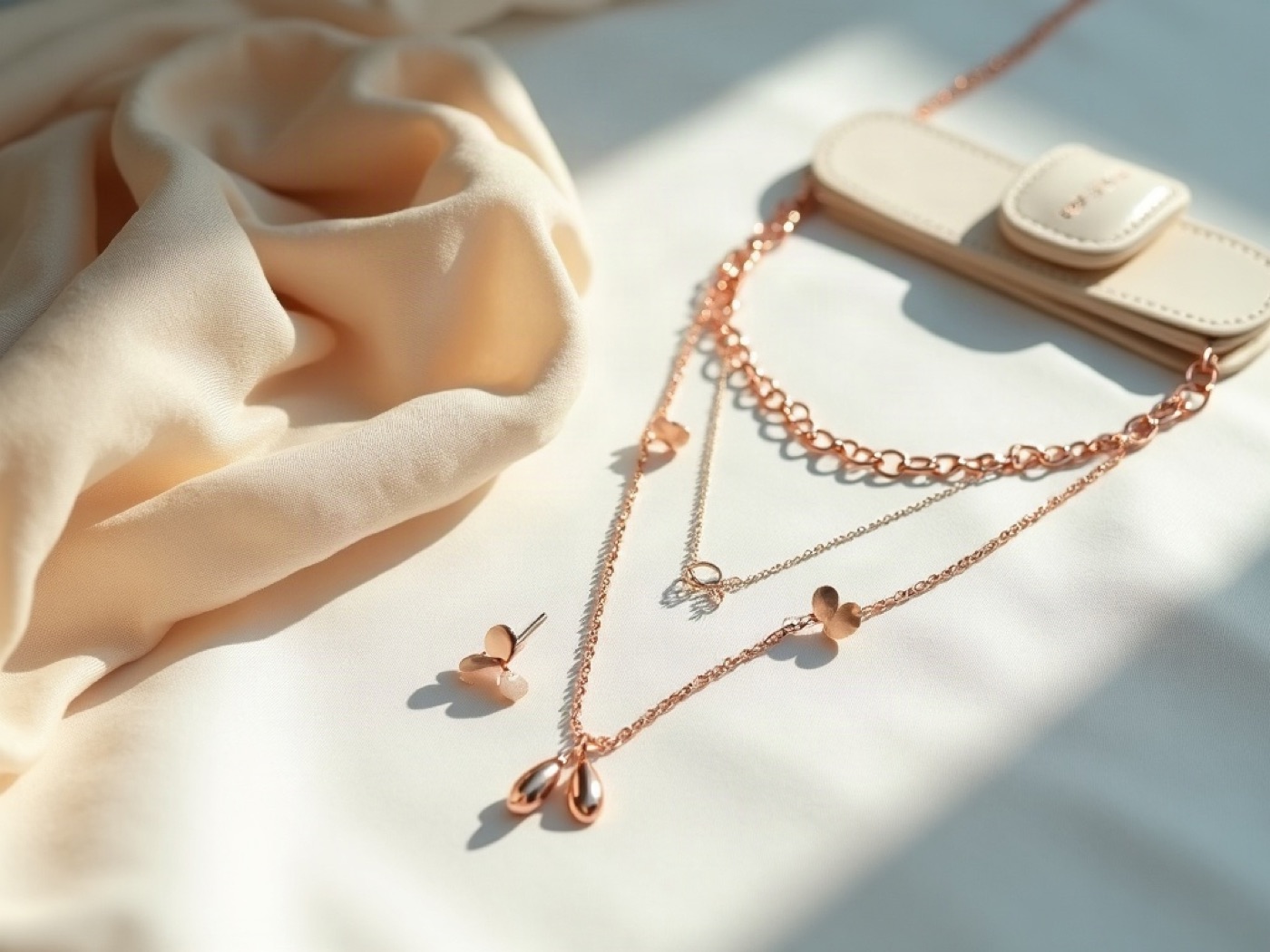 Rose-gold chain, hoops, petal pin, sand scarf, belt, and a small ivory bag