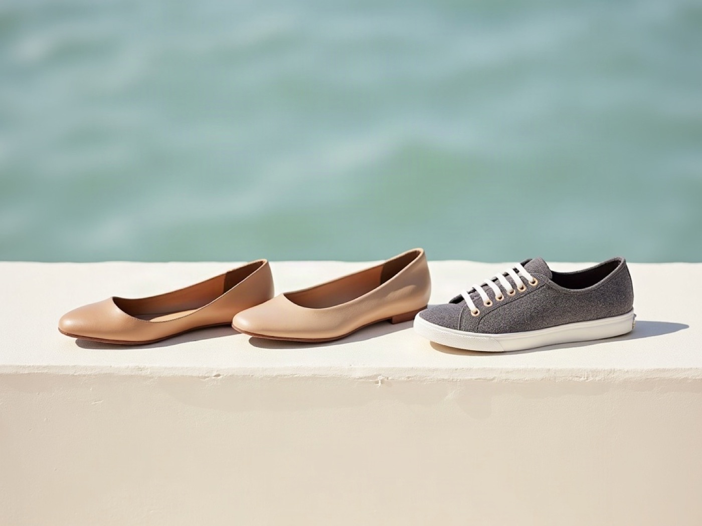 Nude leather flats and a graphite sneaker on a pale stone ledge